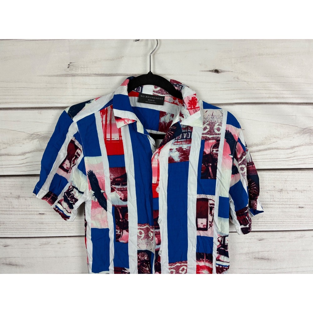 No Boundaries Mens Americana Eagle Motel Collage Stripe Button Up Shirt Blue XS - Picture 3 of 12